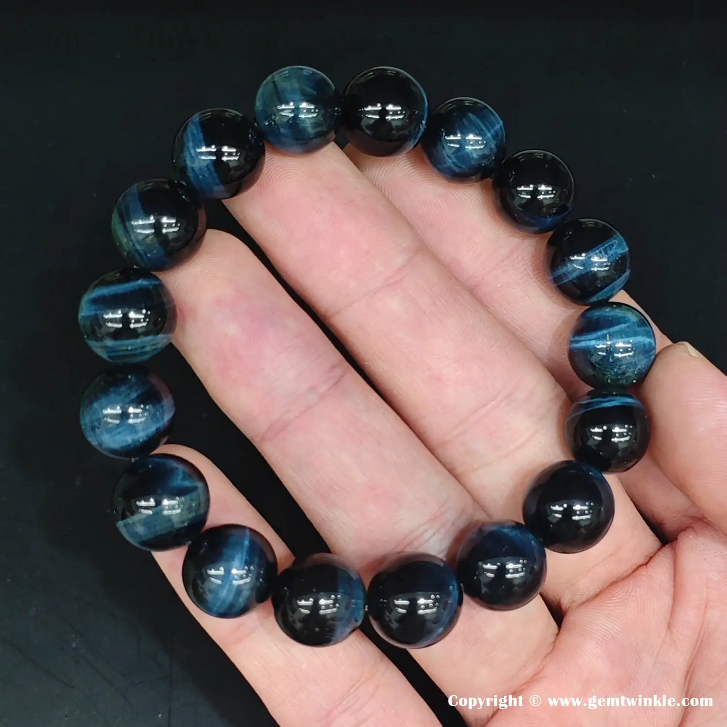 Full View: Compact Blue Tiger’s Eye Beaded Wristband