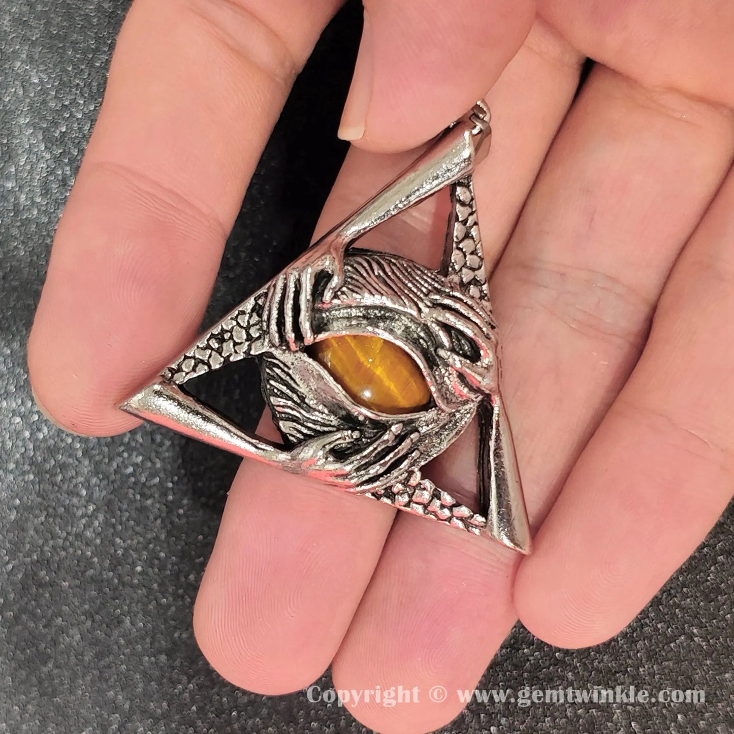 Tiger Eye Triangle Pendant Antique Silver 45mm Gothic Craft Component