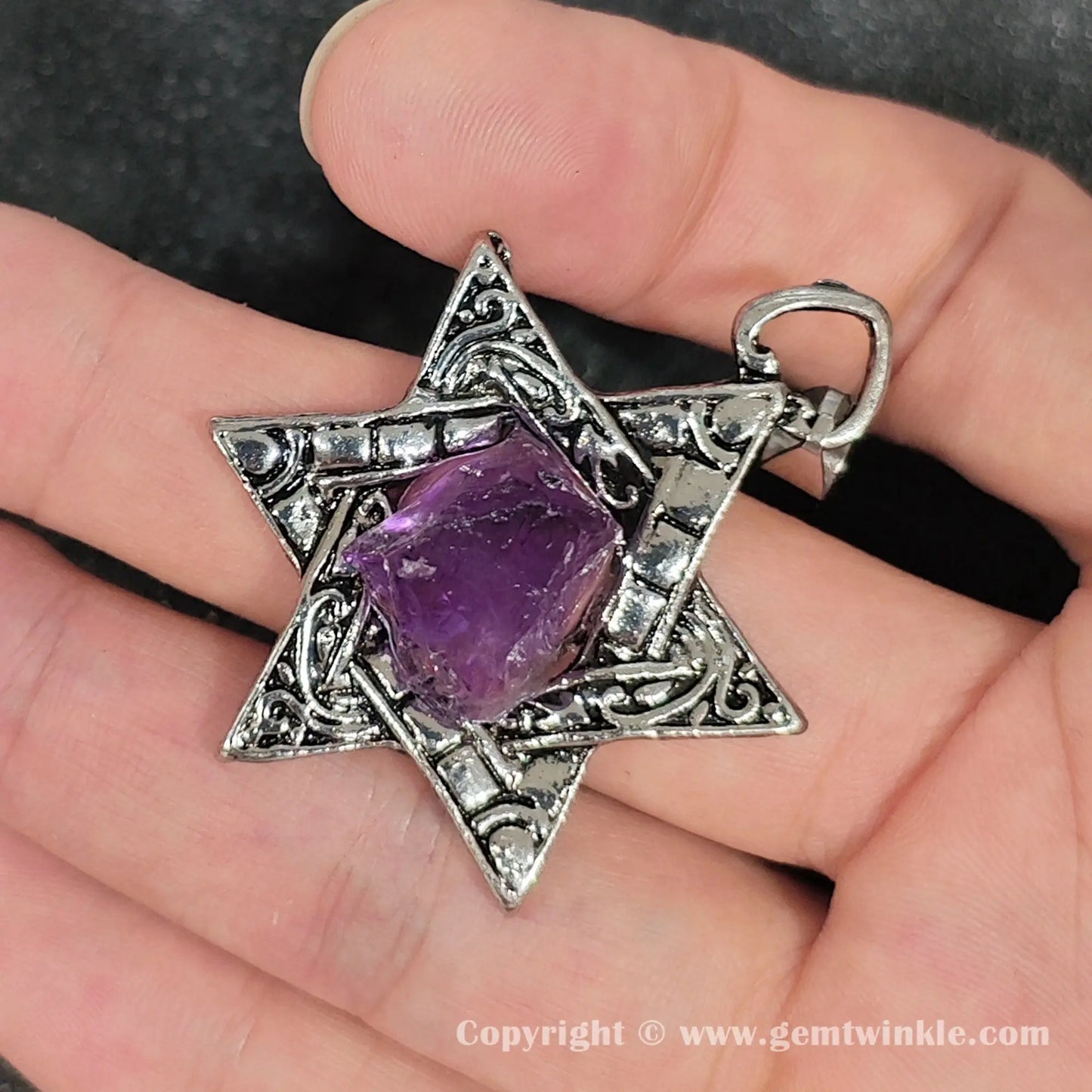 Angled craft studio preview of 45mm pewter alloy star of david raw amethyst pendant for jewelry making