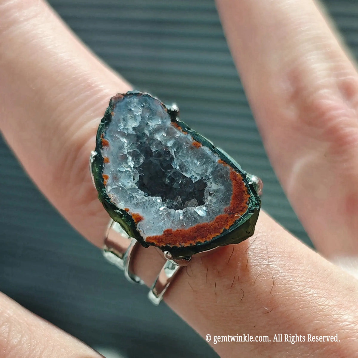 pair of boho geode quartz slice rings displaying sparkling crystal pockets and earthy rims