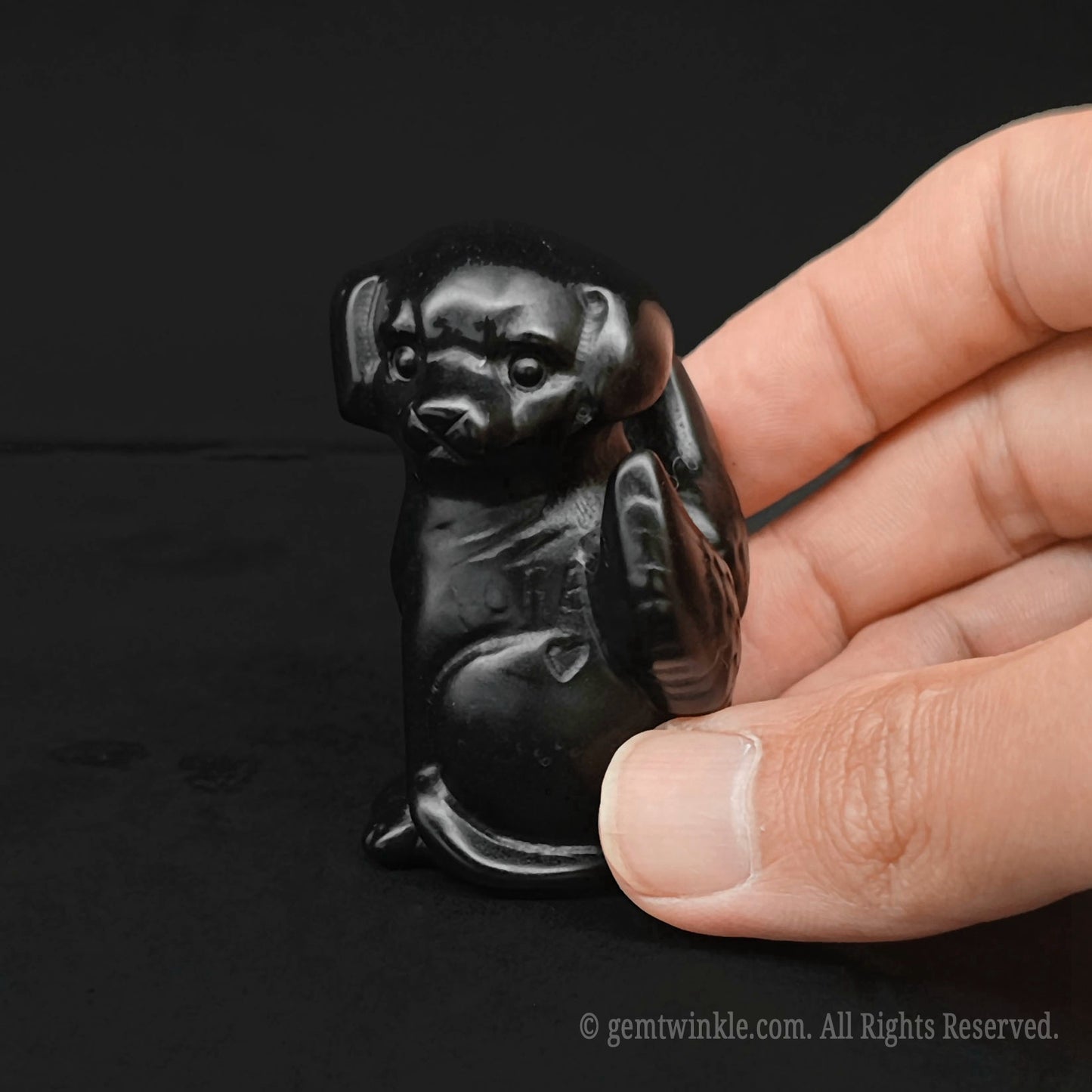Black stone carving of a dog held in a hand against a black background