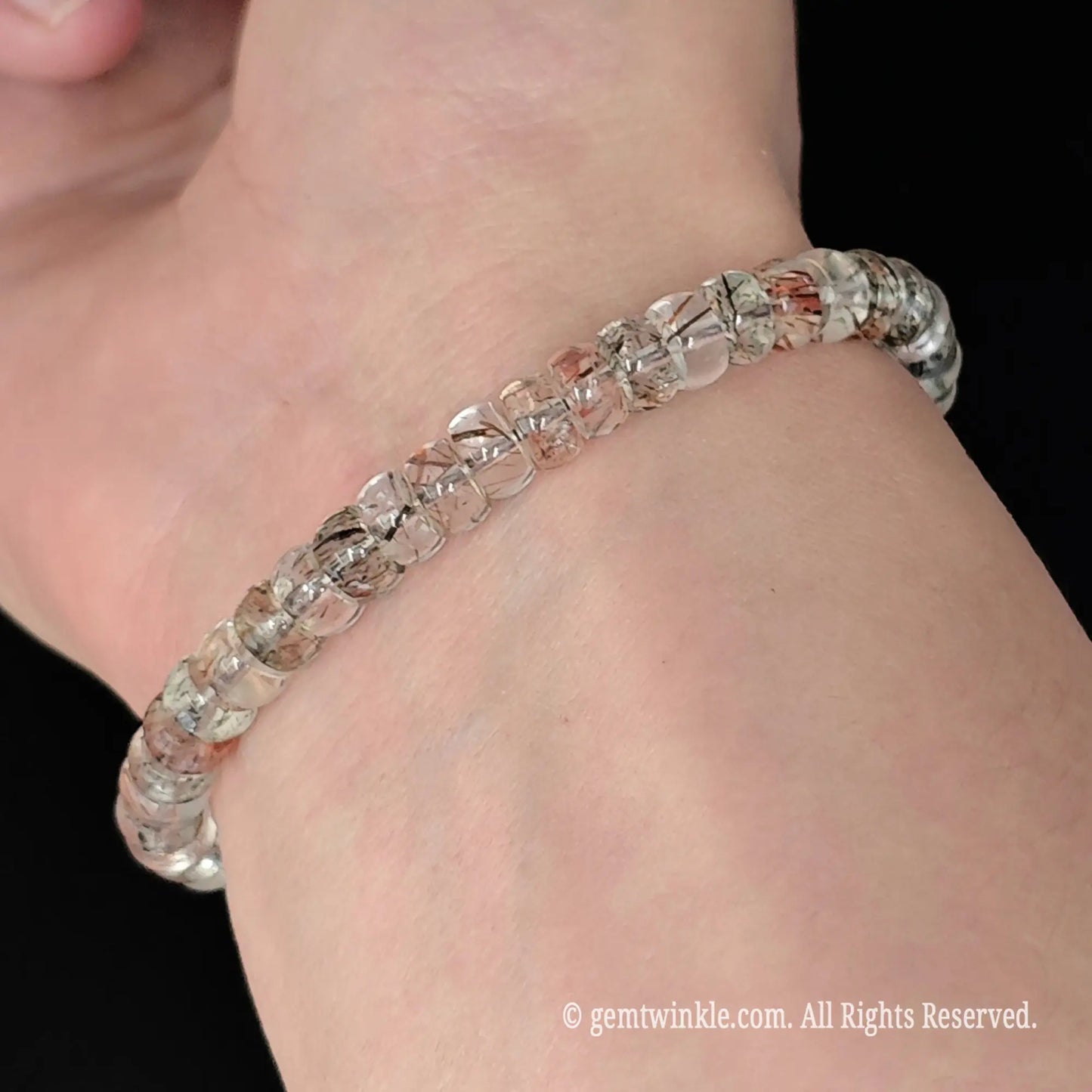 side view of 16cm womens super seven style quartz rondelle bead stretch bracelet