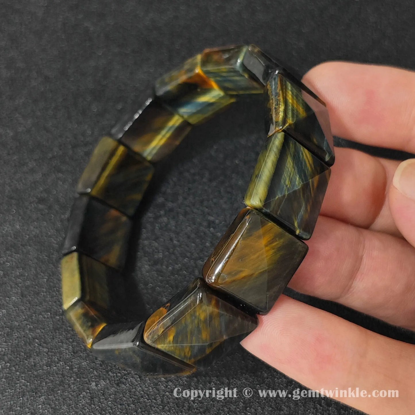 yellow blue tigers eye square pyramid bracelet worn on wrist showing 17-18cm comfortable fit