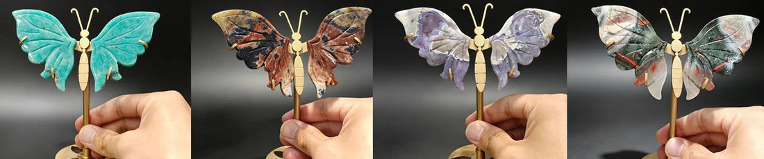 Butterfly figurines made from thin-cut natural stones, available in materials such as lapis lazuli, agate, quartz, amethyst, amazonite and rose quartz.