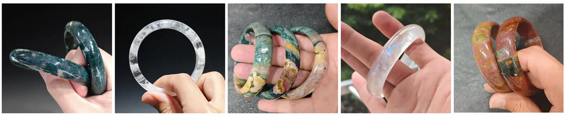 A practical guide to choosing natural gemstone bangles, covering inner diameter, patterns, surface lines, through cracks, actual-piece photos and video selection before ordering.