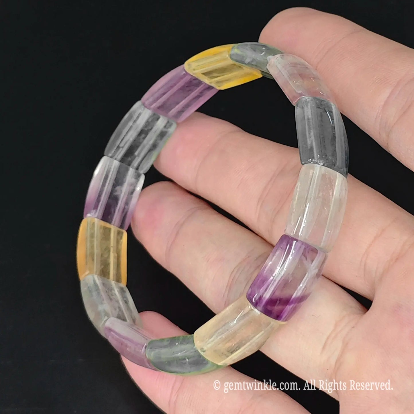 14mm smooth rectangle fluorite segment stretch cuff on display plate