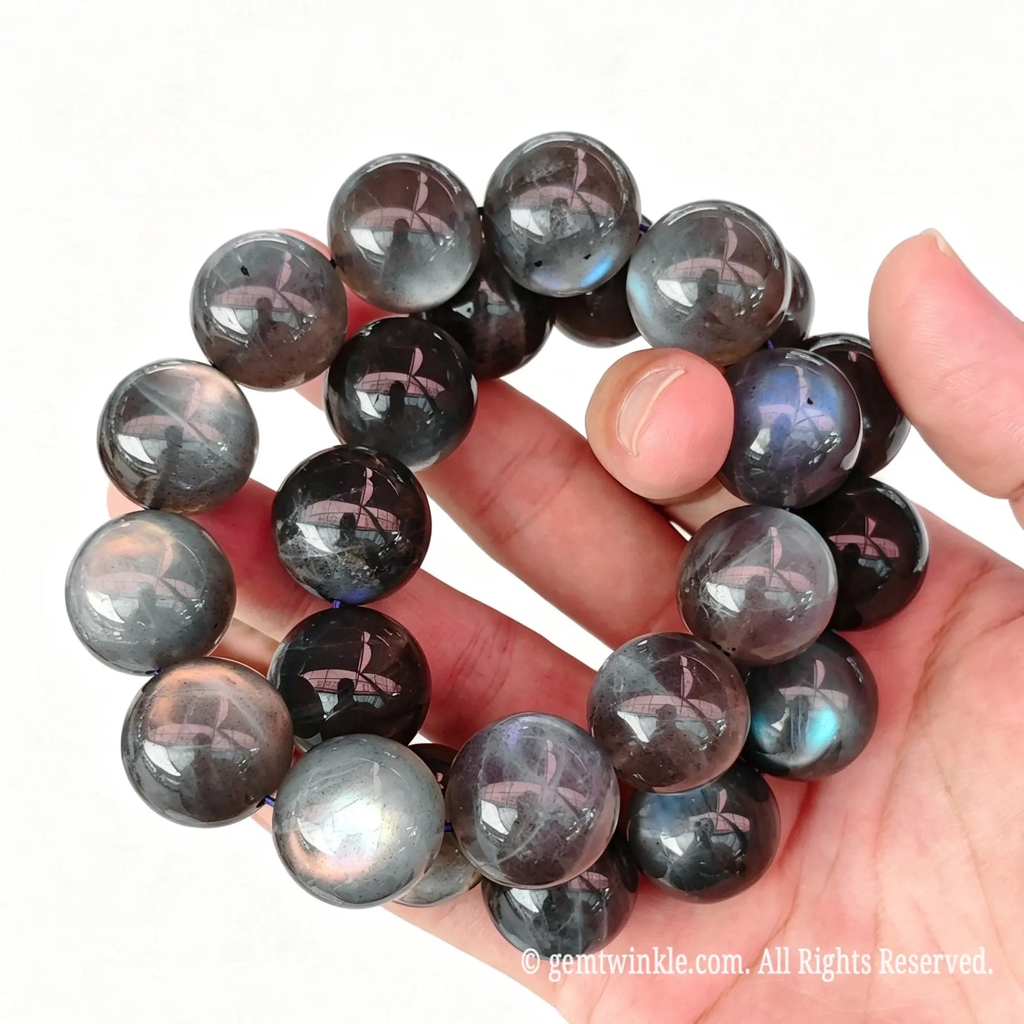 Preview of single-strand 20mm grey moonstone round bead bracelet with blue and silvery sheen