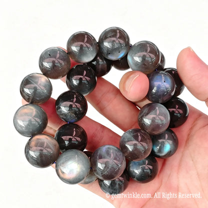 Preview of single-strand 20mm grey moonstone round bead bracelet with blue and silvery sheen