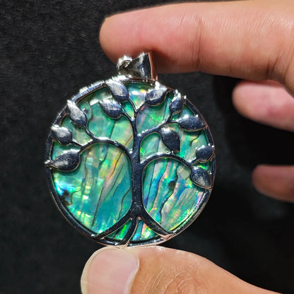 Large 5cm Tree of Life abalone shell medallion displayed on fingers against dark background for accurate size reference