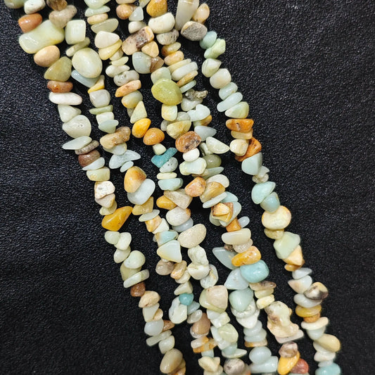 Multiple strands of natural amazonite 5-10mm irregular blue-green and yellow chip beads for jewelry crafting[cite: 6]