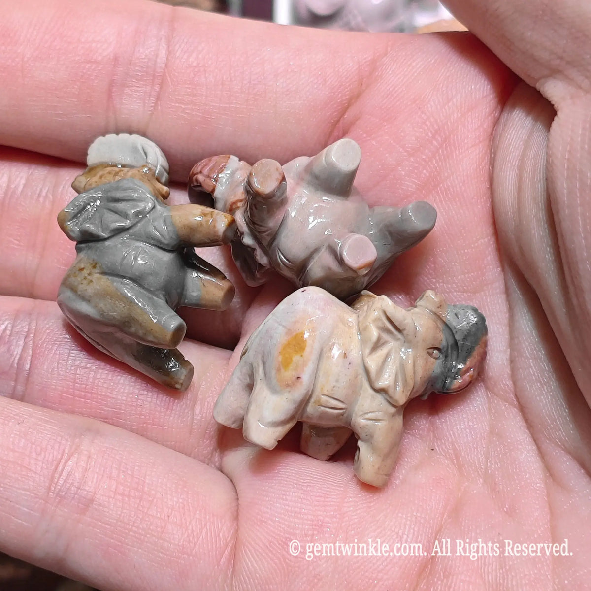 Palm displaying multiple miniature Alxa agate elephant carvings showcasing varied natural desert color patterns
