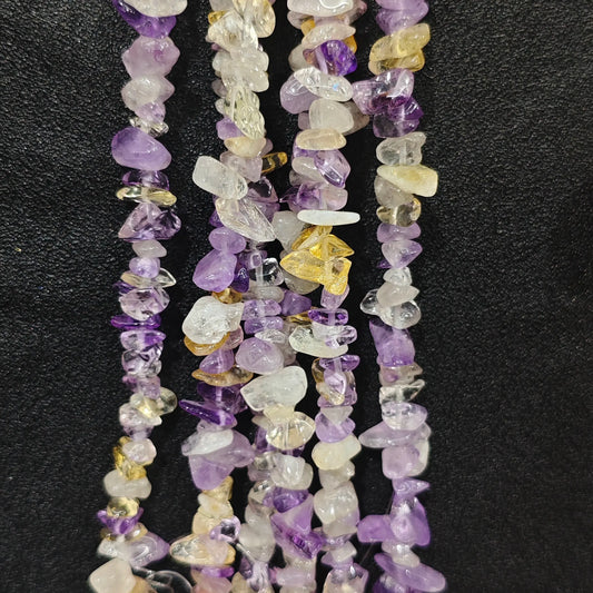 Close up of multi strands of natural amethyst and heat-enhanced citrine mixed 5-10mm irregular chips
