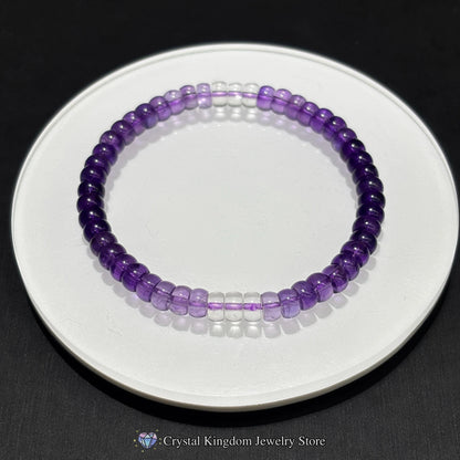 Top-down view of natural amethyst disc bead bracelet on white ceramic dish; showcases even bead spacing, purple gradient, and elastic stretch design