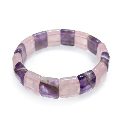 Natural amethyst and rose quartz dual-tone rectangular slab bracelet flat lay on white, purple-pink alternating beads, dainty spiritual jewelry