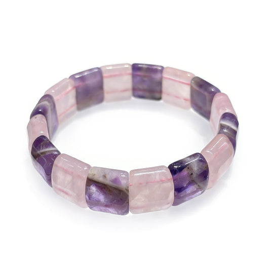 Natural amethyst and rose quartz dual-tone rectangular slab bracelet flat lay on white, purple-pink alternating beads, dainty spiritual jewelry