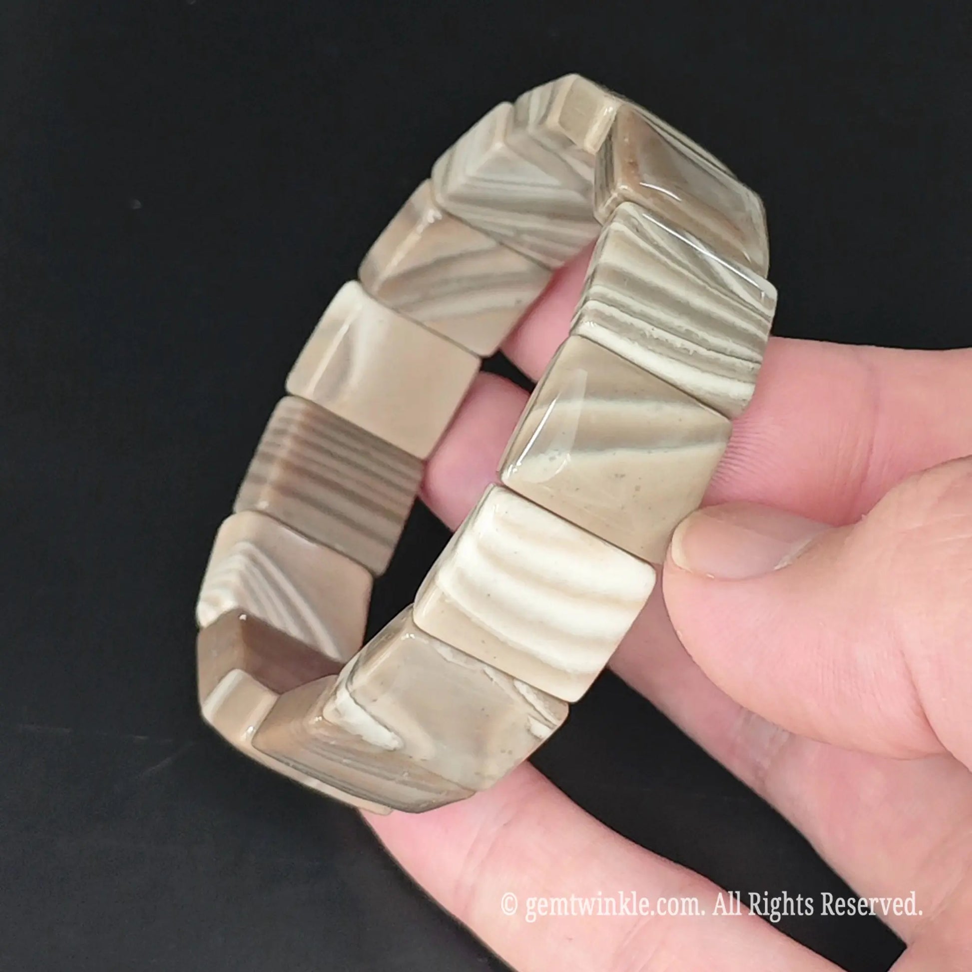 Natural Brown Grey Banded Flint Mineral Stretch Cuff Bracelet