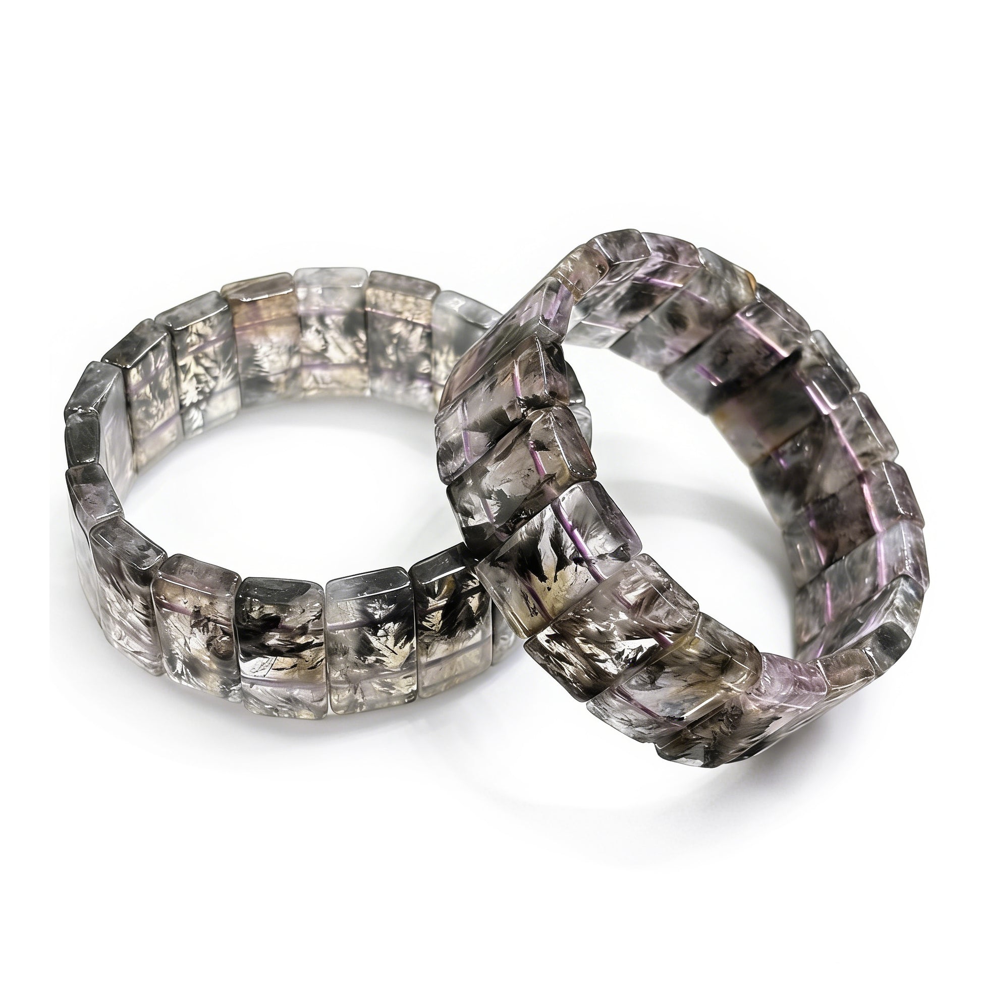 Natural black dream phantom quartz rectangular slab bracelet on white background, dual-layer stackable design, artistic spiritual jewelry