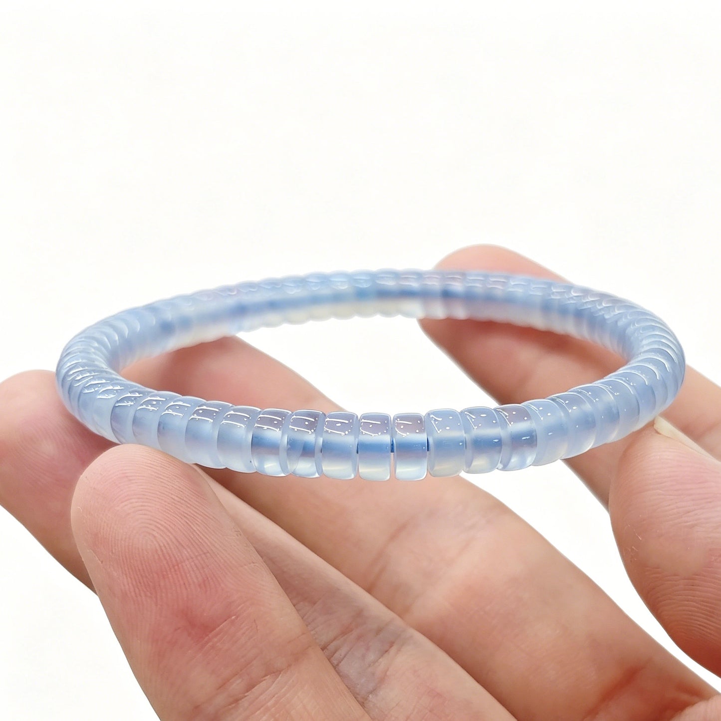 Natural blue agate tablet beads in serene sky blue, 6×3mm size, with subtle banding—stretch elastic design