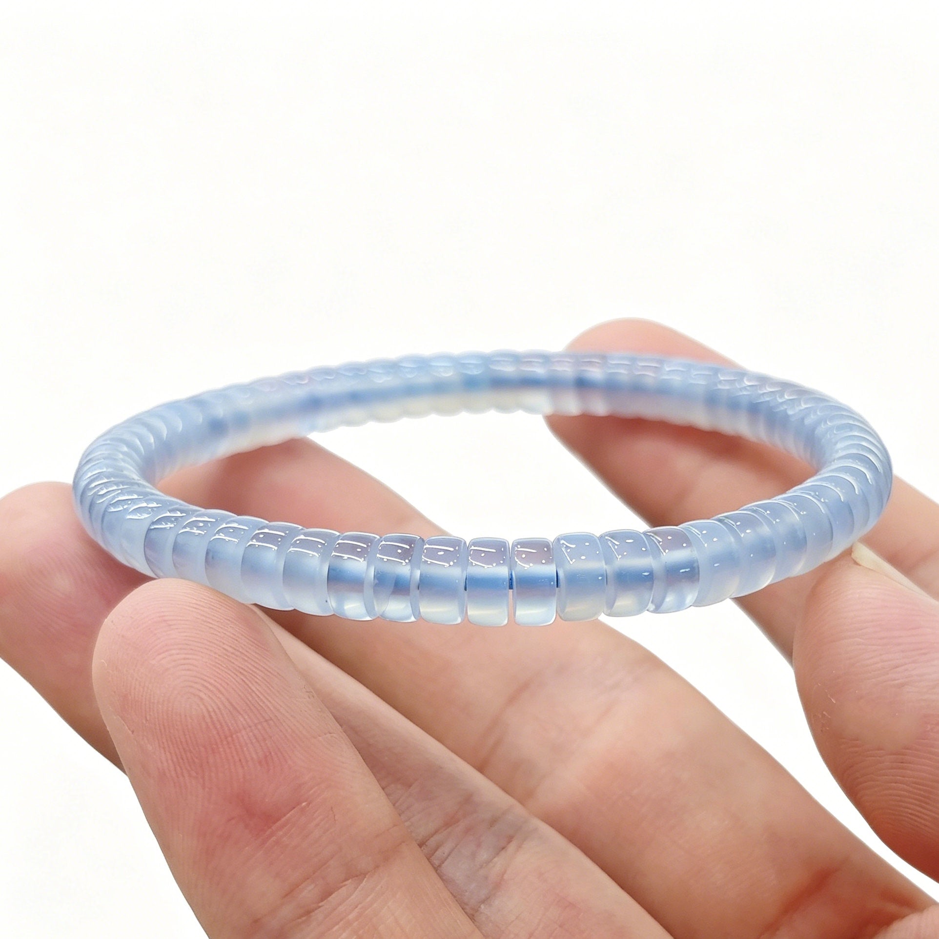 Natural blue agate tablet beads in serene sky blue, 6×3mm size, with subtle banding—stretch elastic design