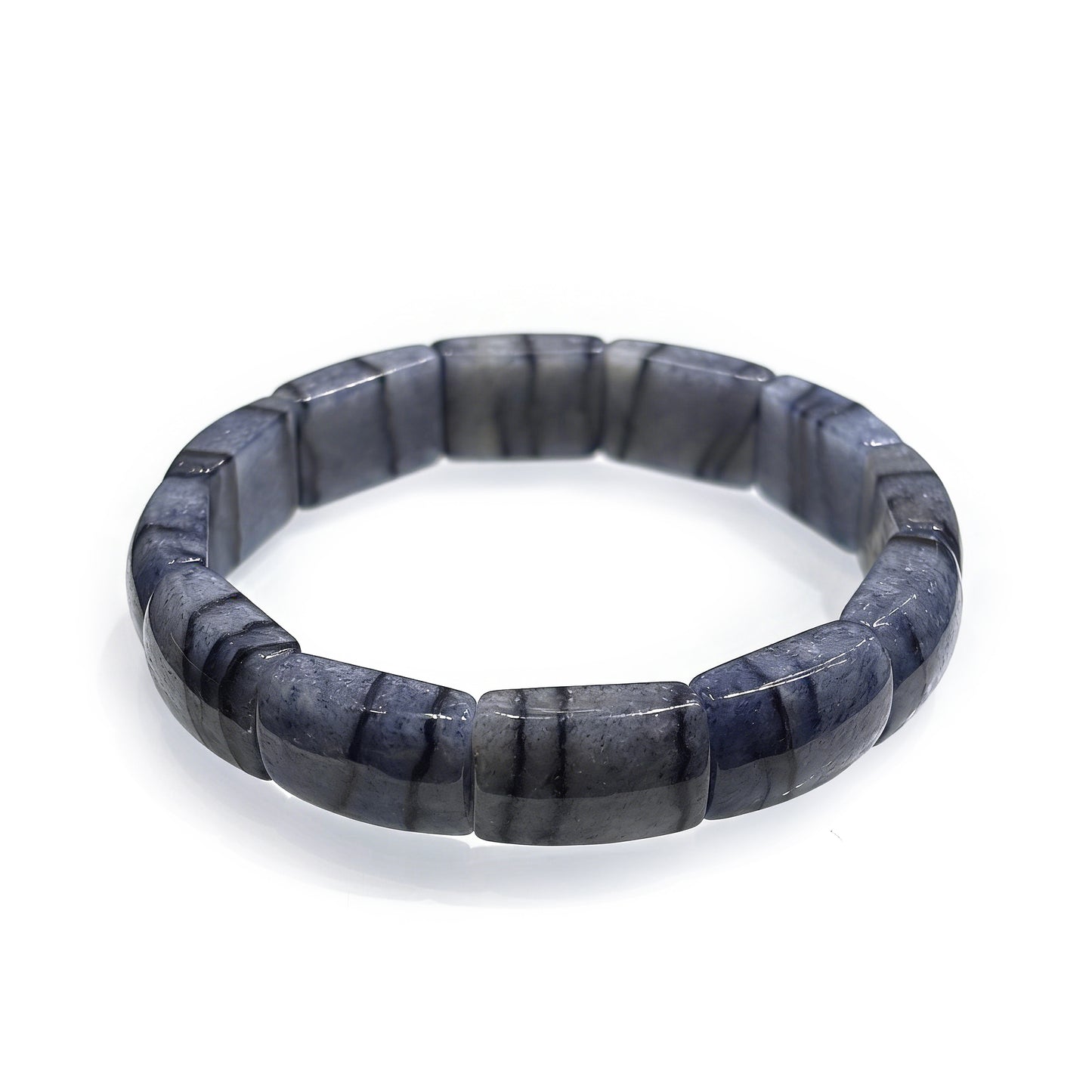Natural blue aventurine square tablet bead bracelet on white background, shimmering geometric unisex jewelry