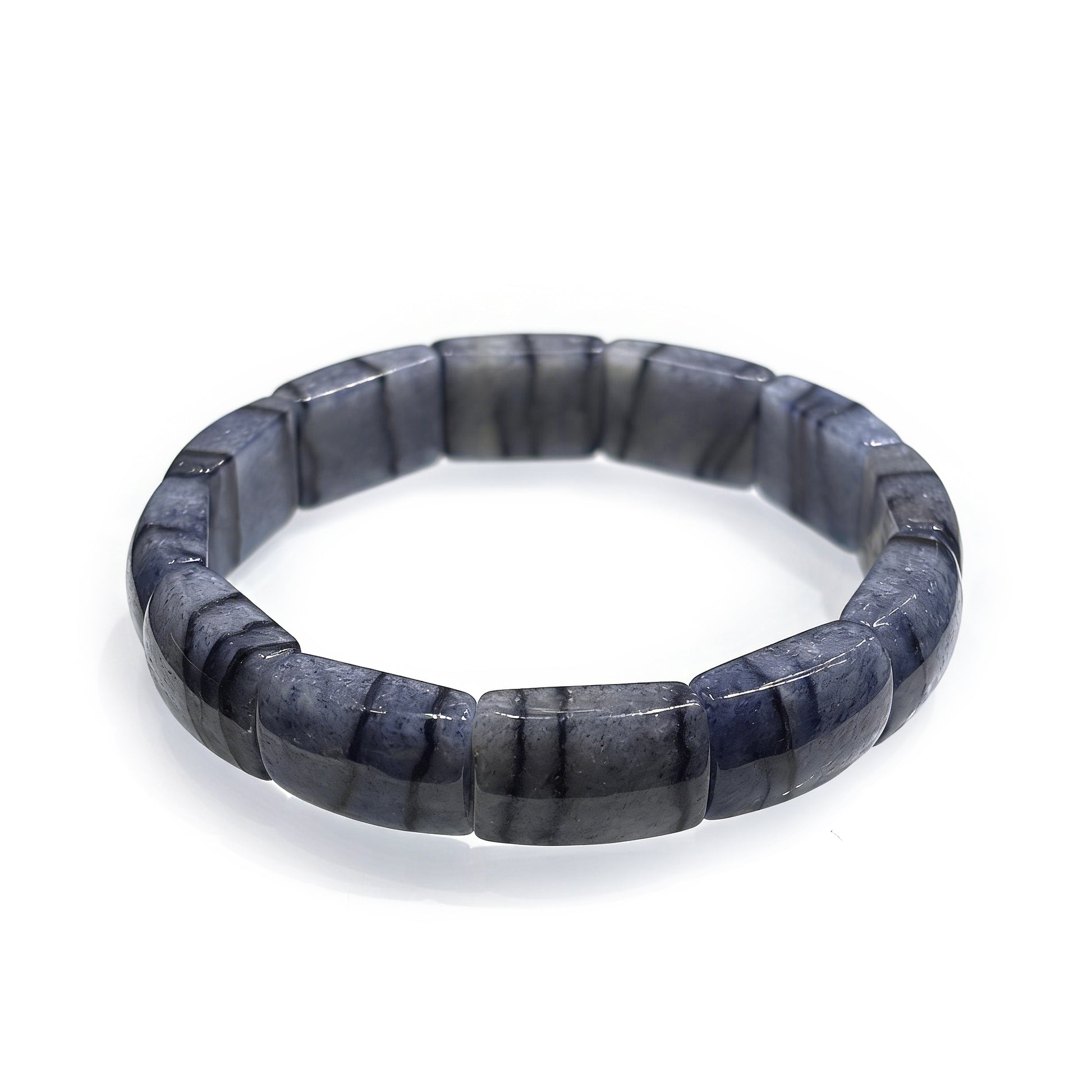 Natural blue aventurine square tablet bead bracelet on white background, shimmering geometric unisex jewelry