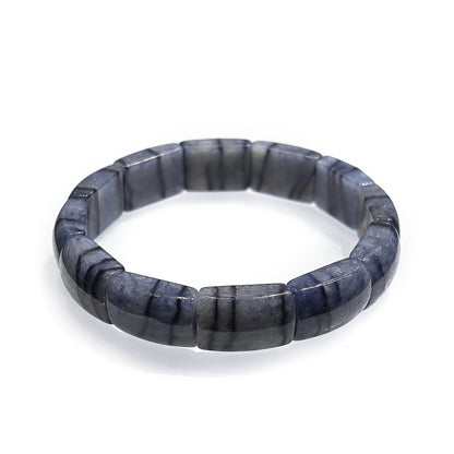 Natural blue aventurine square tablet bead bracelet on white background, shimmering geometric unisex jewelry