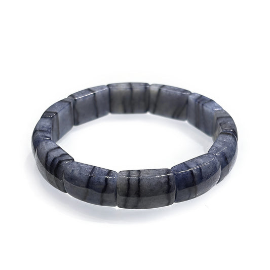 Natural blue aventurine square tablet bead bracelet on white background, shimmering geometric unisex jewelry