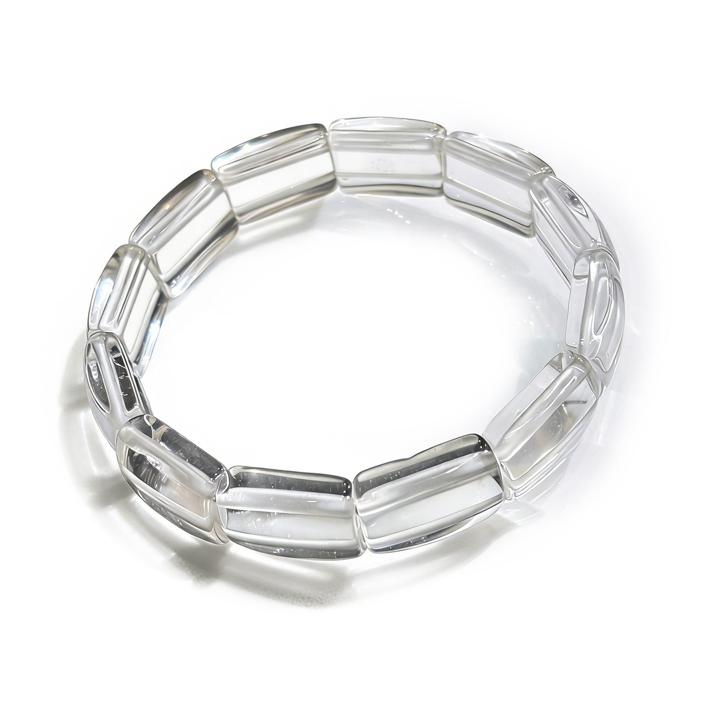 Natural clear quartz square tablet bead bracelet on white background, transparent geometric minimalist jewelry for women