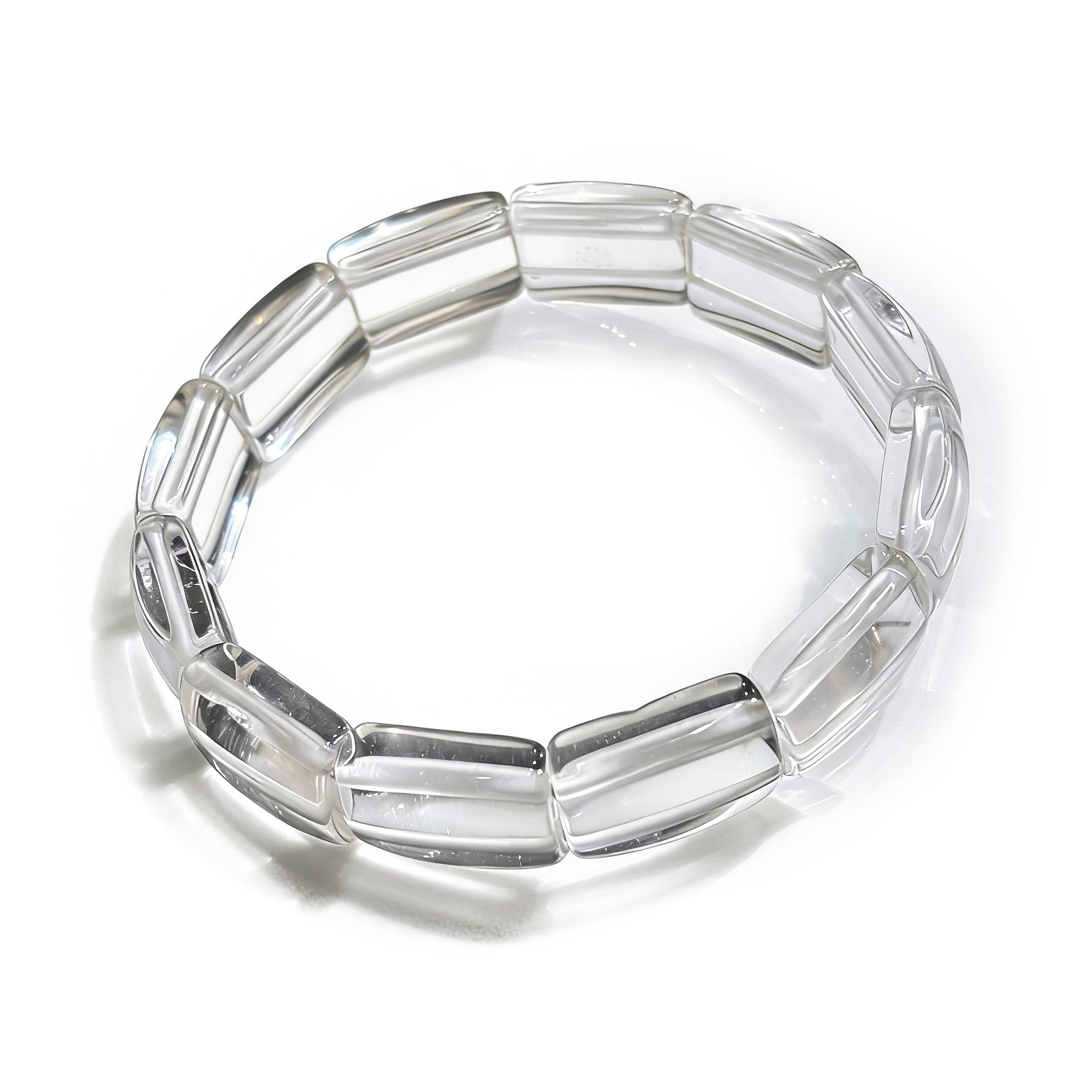 Natural clear quartz square tablet bead bracelet on white background, transparent geometric minimalist jewelry for women