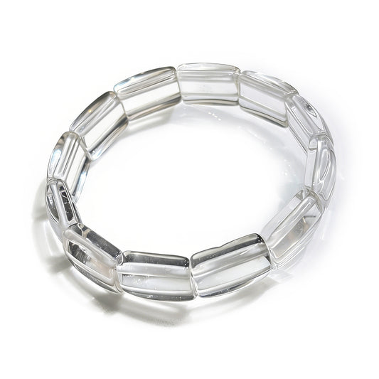 Natural clear quartz square tablet bead bracelet on white background, transparent geometric minimalist jewelry for women