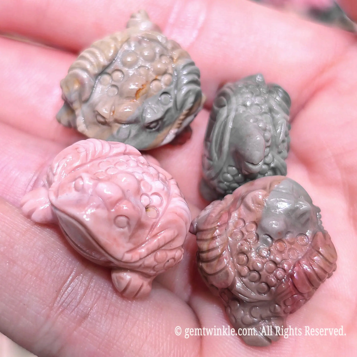 Close up view of natural multi color Alxa agate money toad carved statues resting on hand highlighting back texture
