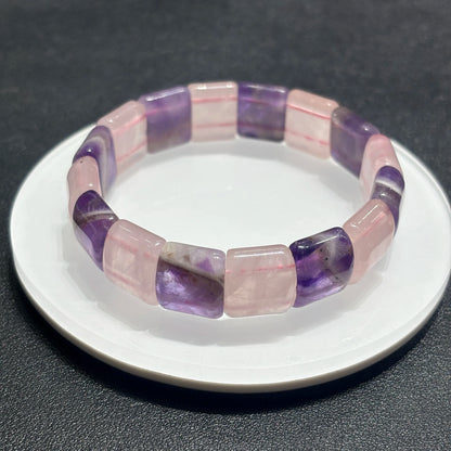 Macro detail of amethyst and rose quartz rectangular slab beads
