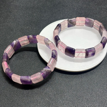 Macro detail of amethyst and rose quartz rectangular slab beads (15x13.5mm), purple-pink contrast, ethical crystal jewelry by Gem's Twinkle