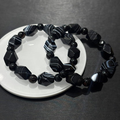 Black & White Banded Agate Irregular Geometric Bead Bracelet – Self-Love Jewelry for Women, Aesthetic Leisure Wear & Statement Gift