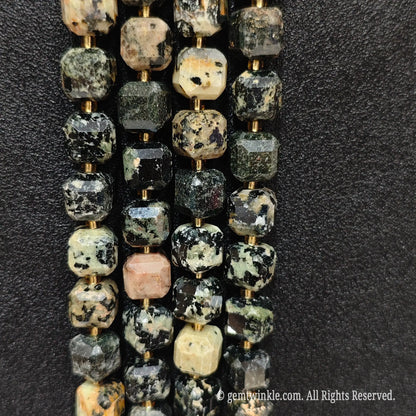 Vertical layout of natural fancy jasper soft square gemstone block beads to show scale and multicolored contrast