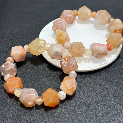 Stacked view of Natural Flower Agate Cherry Blossom Pattern Bracelets, highlighting the faceted bead design and vibrant colors