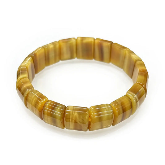 Golden tiger’s eye beads in warm amber tones with distinct parallel bands and silky chatoyancy—stretch elastic design, no spacers