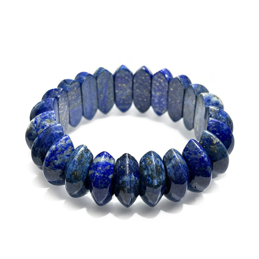 Lapis lazuli bracelet with moon-shaped faceted beads, deep blue with pyrite flecks, elastic stretch design for unisex wear