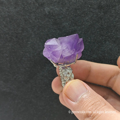 Raw amethyst crystal point statement ring top view on finger showing 25-35mm large mineral column structure