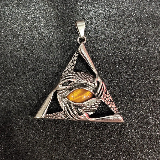Tiger Eye Triangle Pendant Antique Silver 45mm Gothic Craft Component