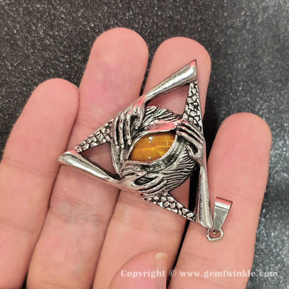 Tiger Eye Triangle Pendant Antique Silver 45mm Gothic Craft Component