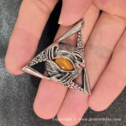Tiger Eye Triangle Pendant Antique Silver 45mm Gothic Craft Component
