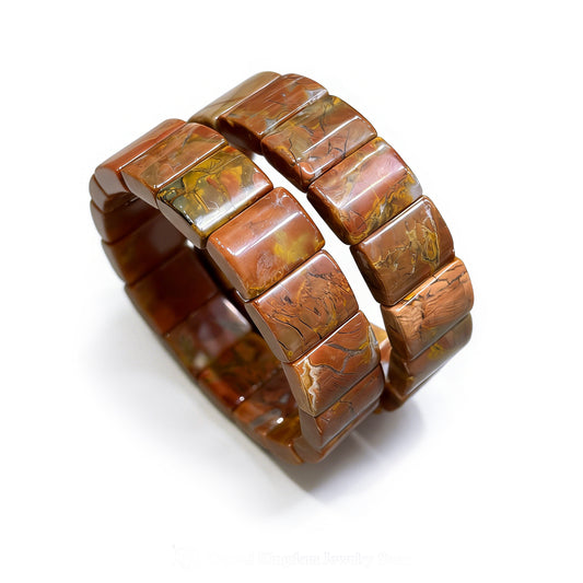 Natural Alashan agate tablet bead bracelet with warm brown-red base and yellow-green desert flow patterns; 17cm stretch for boho layering