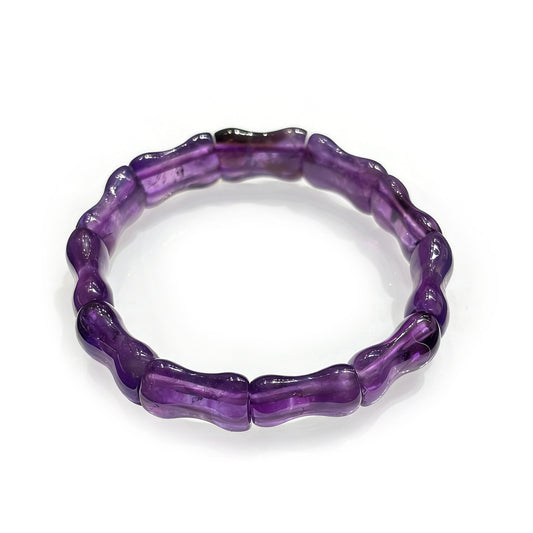 Natural amethyst bamboo-shaped bead bracelet with deep to light purple gradient; 17cm stretch for elegant spiritual wear