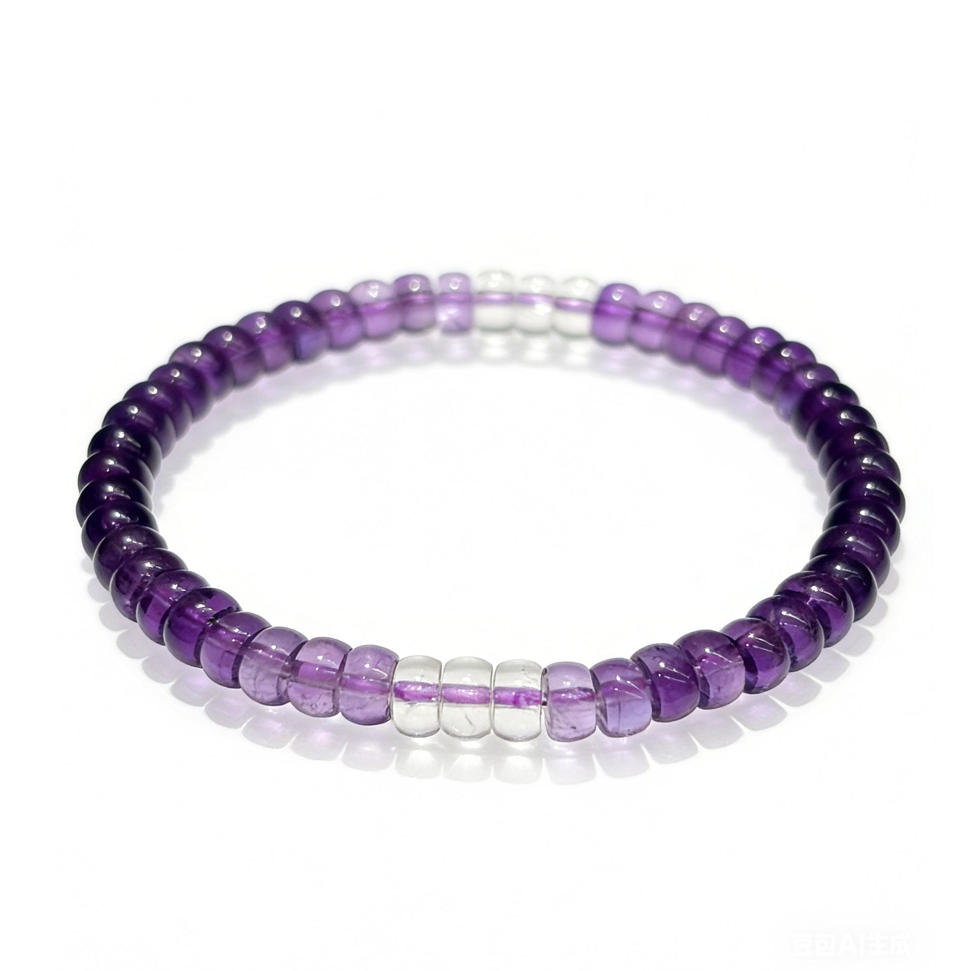 Natural amethyst disc bead bracelet with clear quartz spacers, flat-cut purple gemstone beads, 17cm length, ideal for stacking and mindful wear