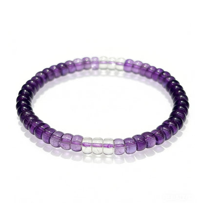 Natural amethyst disc bead bracelet with clear quartz spacers, flat-cut purple gemstone beads, 17cm length, ideal for stacking and mindful wear
