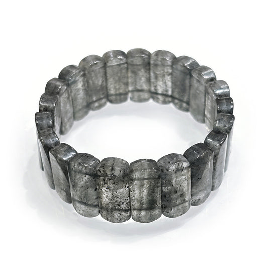 Natural black strawberry quartz faceted slab bead bracelet with deep gray base, pink mist, and carbon flecks; 17cm stretch for mysterious aesthetic