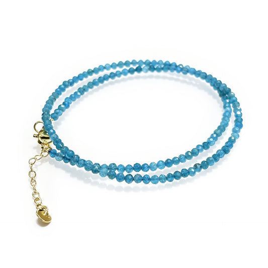 Natural sky-blue apatite faceted round beads (3mm) in dual-layer wrap bracelet, gold-toned adjustable chain with heart charm