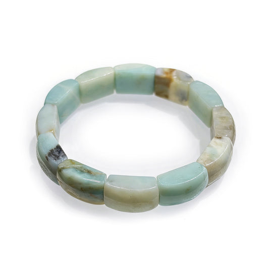 Natural caribbean calcite square tablet bead bracelet with soft green, white and pale yellow bands; smooth finish, 17cm stretch design