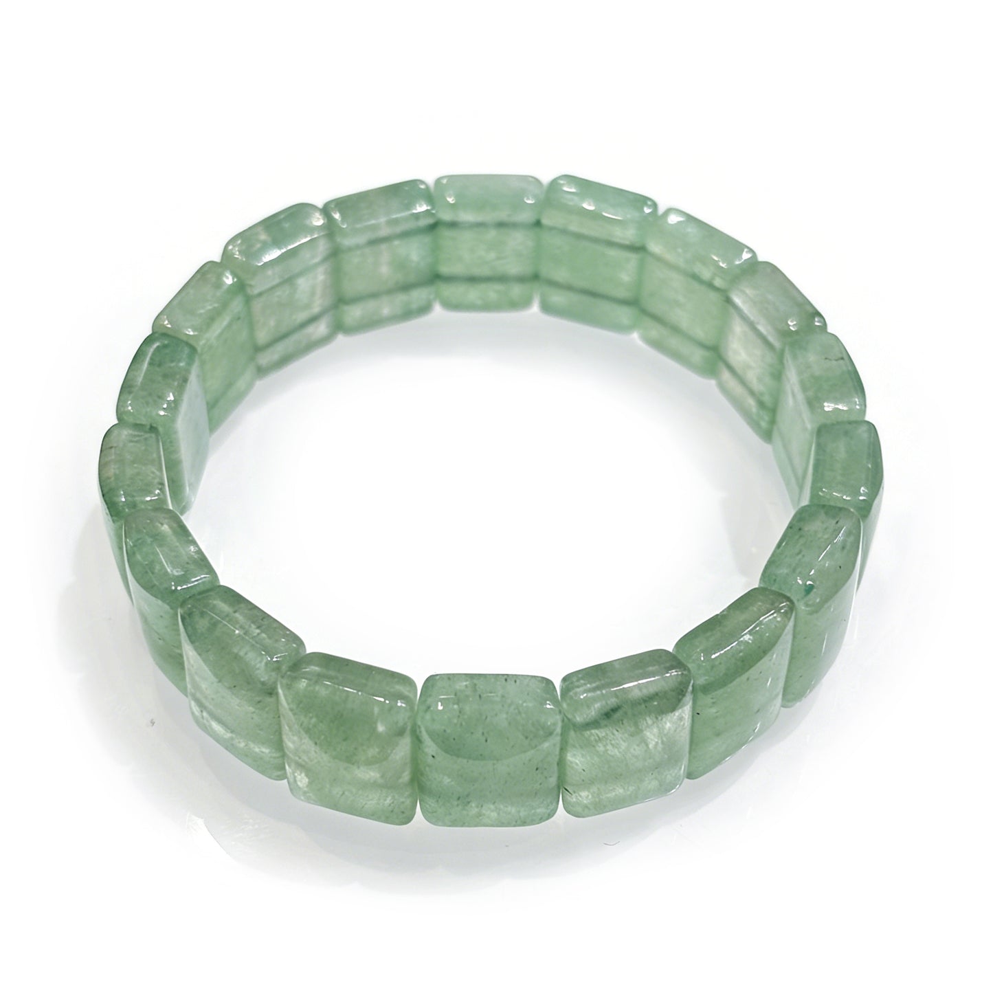 Natural green strawberry quartz tablet bead bracelet with soft green hue and white cloud-like inclusions; 17cm stretch for mindful minimalism